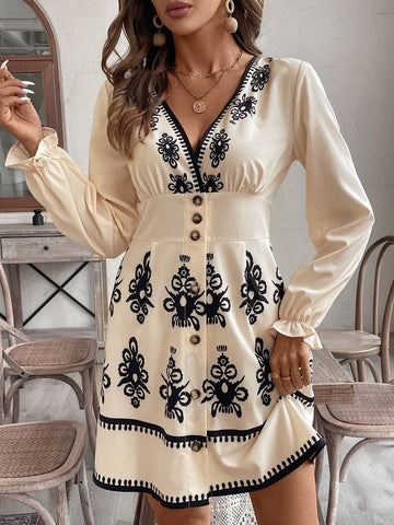 Women V-Neck Ruffled Trim Buttoned Waist A-Line Dress, Autumn/Winter