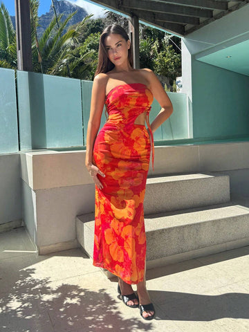 Women Vacation Floral Printed Asymmetric Hem Strapless Top And Skirt Two Piece Set