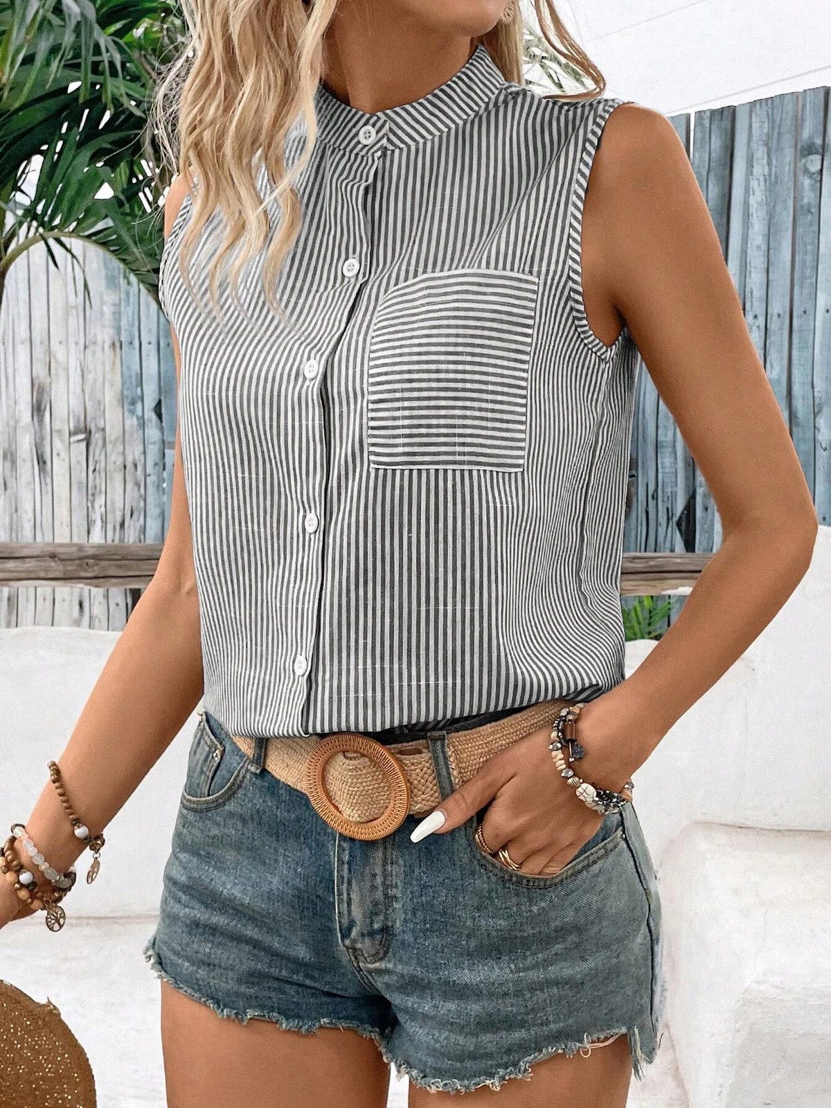 VCAY Women\ Vacation Leisure Color-Block Striped Sleeveless Blouse