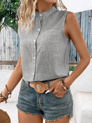 VCAY Women\ Vacation Leisure Color-Block Striped Sleeveless Blouse