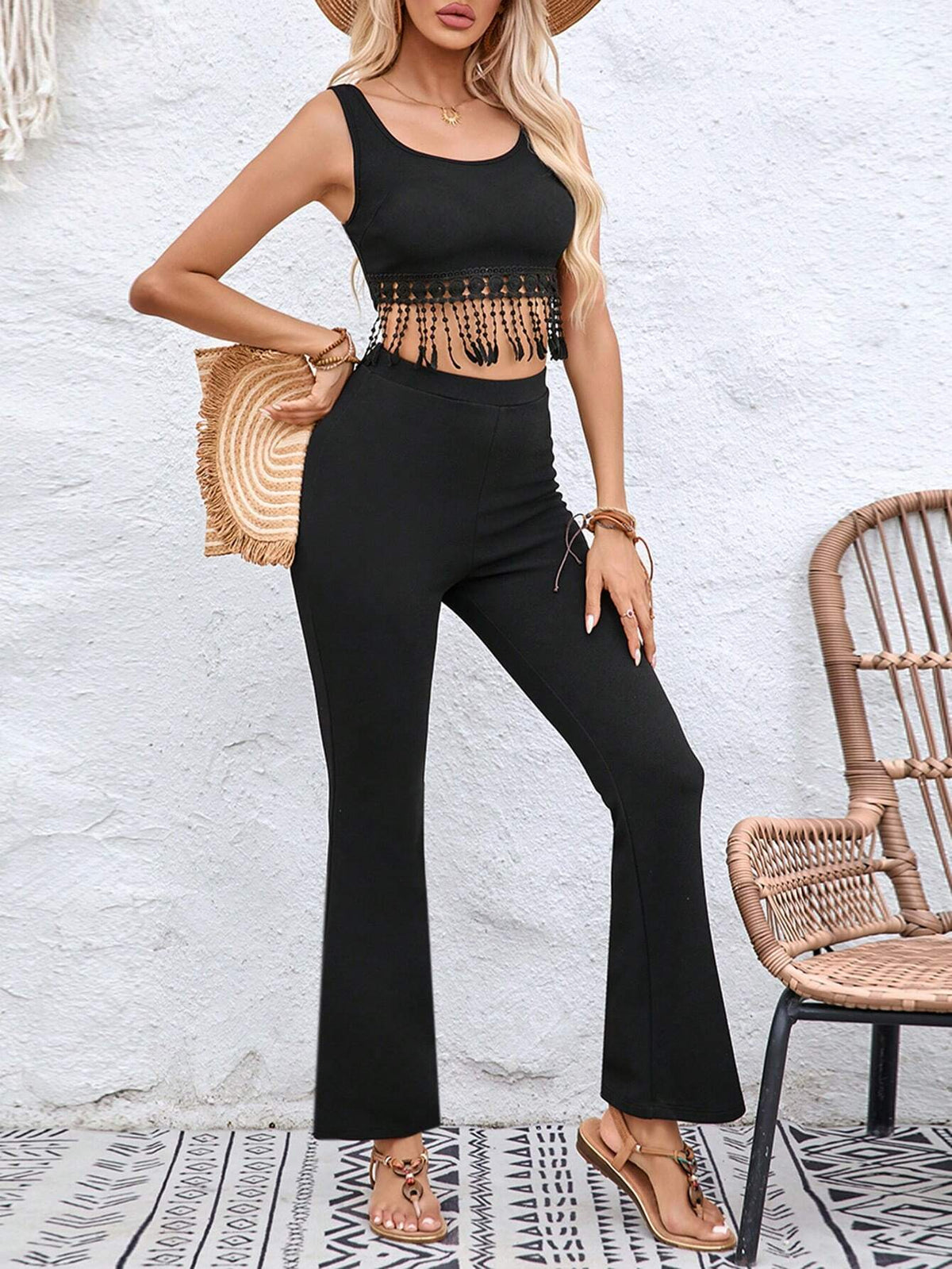 Women Vacation Solid Color Music Festival Hem Spliced Lace Vest And Flared Pants Two-Piece Set