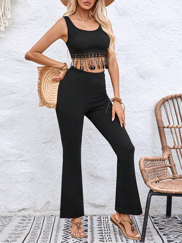 Women Vacation Solid Color Music Festival Hem Spliced Lace Vest And Flared Pants Two-Piece Set