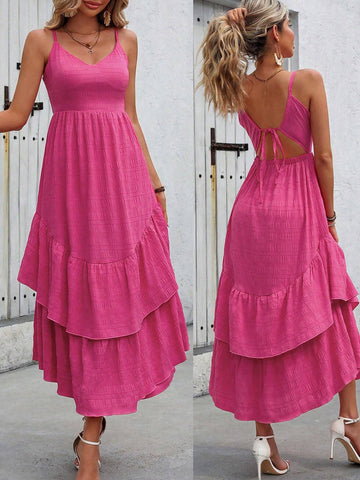 Women Vacation Style Double Layer Ruffle Hem Spliced Back Strap Cami Dress