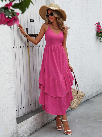 Women Vacation Style Double Layer Ruffle Hem Spliced Back Strap Cami Dress