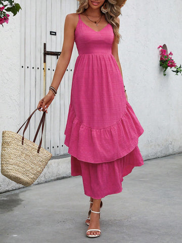 Women Vacation Style Double Layer Ruffle Hem Spliced Back Strap Cami Dress