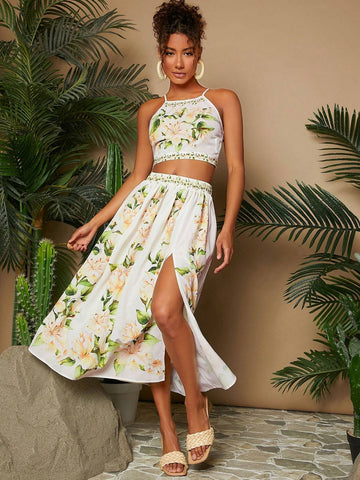 Women Vacation Style Floral Print Halter Neck Crop Top And Slit Hem Midi Skirt 2pcs Set For Summer