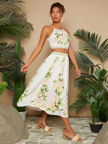 Women Vacation Style Floral Print Halter Neck Crop Top And Slit Hem Midi Skirt 2pcs Set For Summer