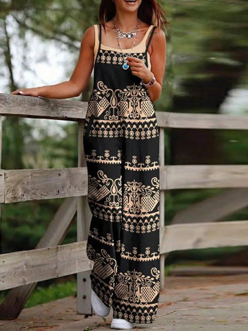 Women Vintage Print Casual Holiday Matching Spaghetti Strap Jumpsuit
