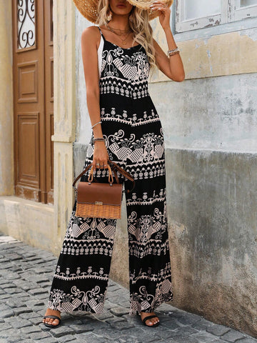 Women Vintage Print Casual Holiday Matching Spaghetti Strap Jumpsuit