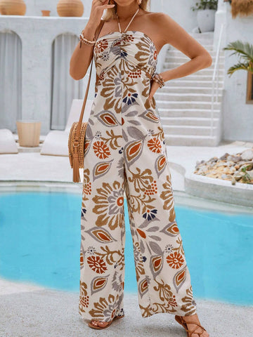 Women Vintage Printed Halter Jumpsuit With Tie Neck