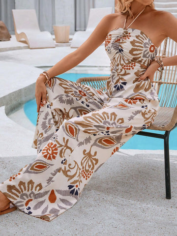 Women Vintage Printed Halter Jumpsuit With Tie Neck