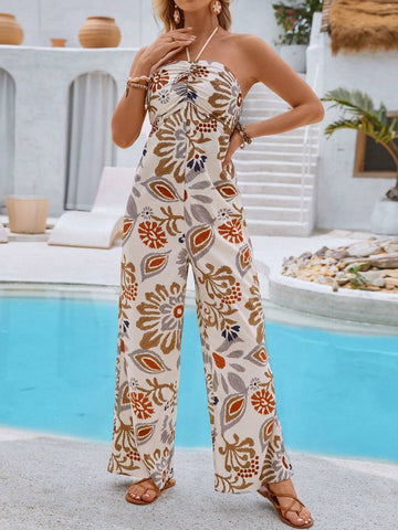 Women Vintage Printed Halter Jumpsuit With Tie Neck