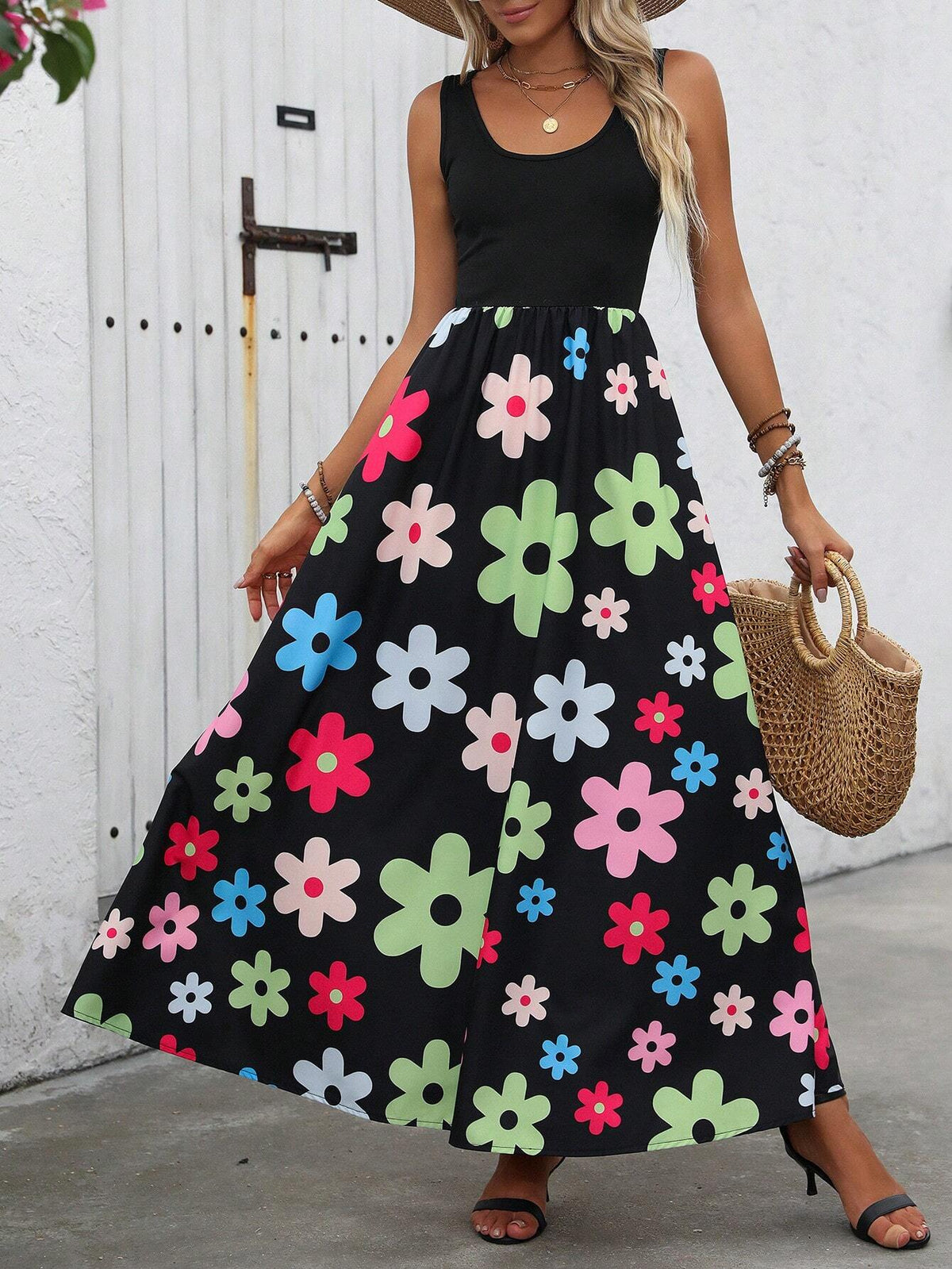 Women's A+B Patchwork Large Floral Printed Vacation Slip Dress With Spaghetti Straps
