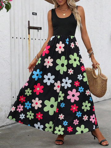 Women's A+B Patchwork Large Floral Printed Vacation Slip Dress With Spaghetti Straps