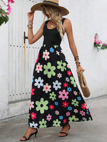 Women's A+B Patchwork Large Floral Printed Vacation Slip Dress With Spaghetti Straps