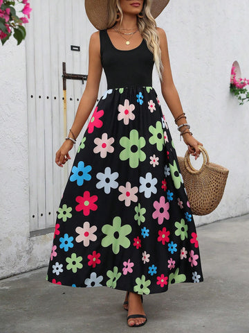 Women's A+B Patchwork Large Floral Printed Vacation Slip Dress With Spaghetti Straps