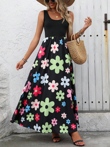 Women's A+B Patchwork Large Floral Printed Vacation Slip Dress With Spaghetti Straps