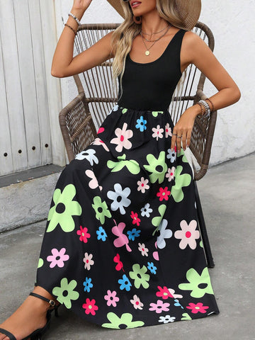 Women's A+B Patchwork Large Floral Printed Vacation Slip Dress With Spaghetti Straps