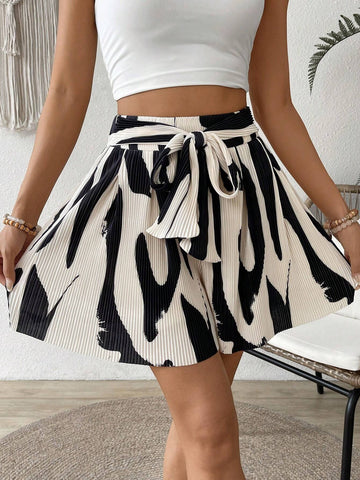 VCAY Women's Allover Print High Waist Knot Front Casual Shorts, Summer