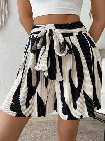 VCAY Women's Allover Print High Waist Knot Front Casual Shorts, Summer