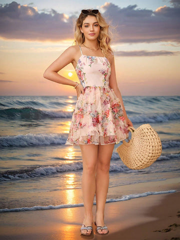 Women's Beach Vacation 3D Flower Texture Fabric Sundress With Floral Print, Backless, Tie Straps A