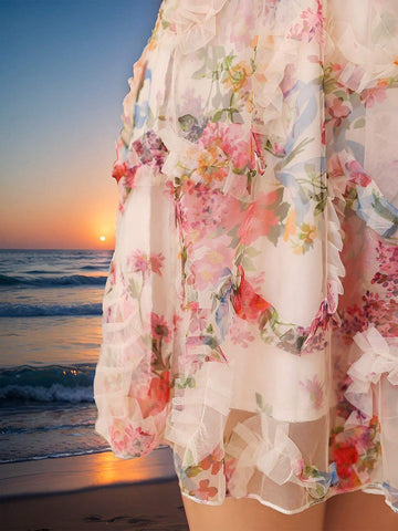 Women's Beach Vacation 3D Flower Texture Fabric Sundress With Floral Print, Backless, Tie Straps A