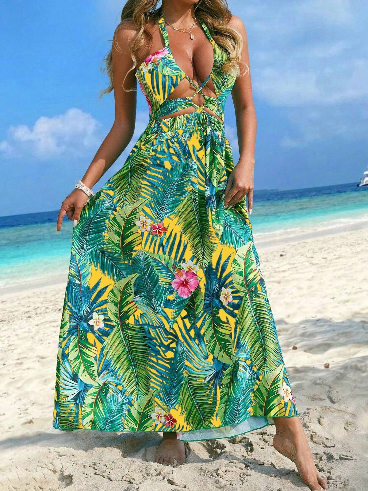 Women's Beach Vacation Tropical Plant Print Crisscross Halter Neck Sleeveless Dress With Cutout Design