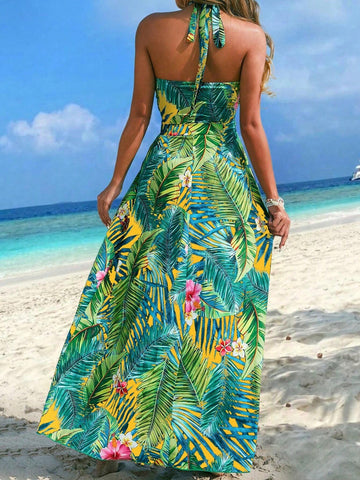 Women's Beach Vacation Tropical Plant Print Crisscross Halter Neck Sleeveless Dress With Cutout Design
