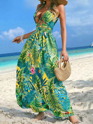 Women's Beach Vacation Tropical Plant Print Crisscross Halter Neck Sleeveless Dress With Cutout Design