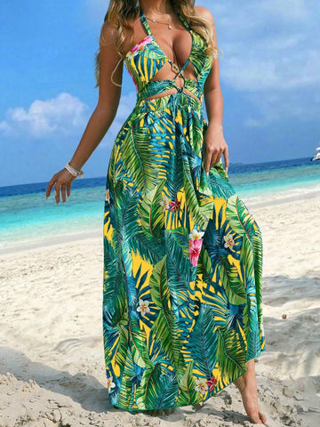 Women's Beach Vacation Tropical Plant Print Crisscross Halter Neck Sleeveless Dress With Cutout Design