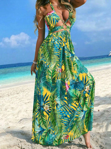 Women's Beach Vacation Tropical Plant Print Crisscross Halter Neck Sleeveless Dress With Cutout Design