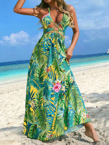 Women's Beach Vacation Tropical Plant Print Crisscross Halter Neck Sleeveless Dress With Cutout Design