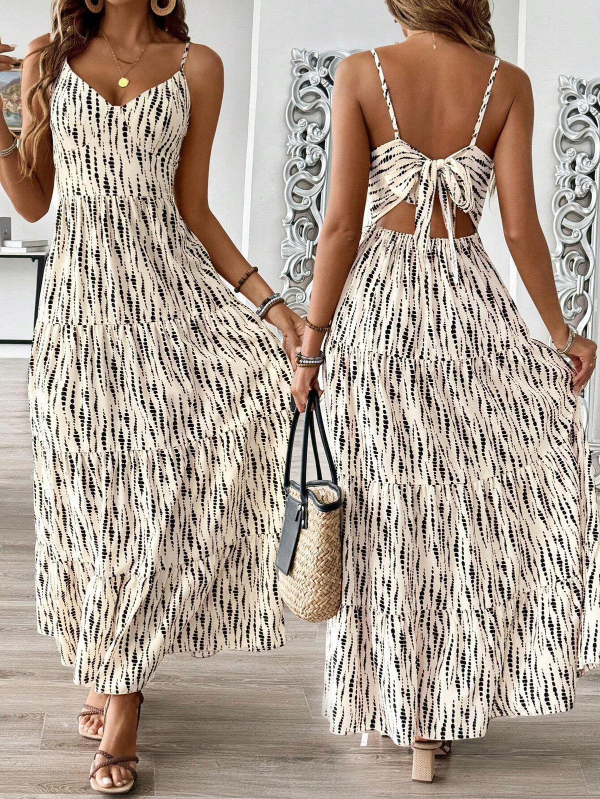 Women's Bohemian Style Belted Spaghetti Strap Patchwork Dress