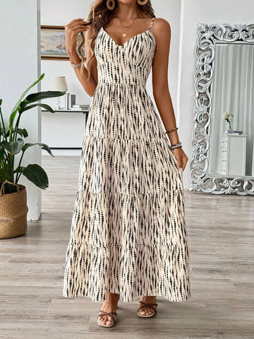 Women's Bohemian Style Belted Spaghetti Strap Patchwork Dress