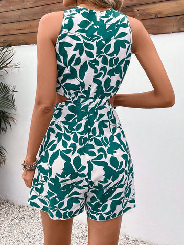 Women's Botanical Print Cut Out Waist Jumpsuit