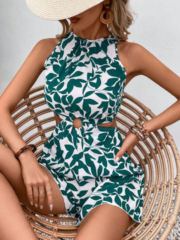Women's Botanical Print Cut Out Waist Jumpsuit