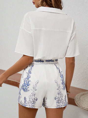 Women's Botanical Print Front Button Romper