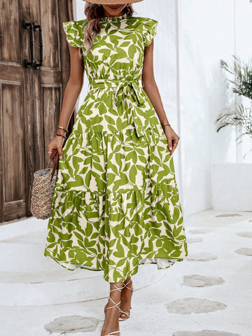 Women's Botanical Print Short Sleeve Flyaway Sleeves Ruffle Hem Dress