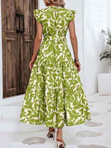Women's Botanical Print Short Sleeve Flyaway Sleeves Ruffle Hem Dress