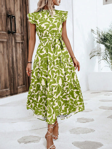Women's Botanical Print Short Sleeve Flyaway Sleeves Ruffle Hem Dress