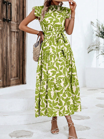 Women's Botanical Print Short Sleeve Flyaway Sleeves Ruffle Hem Dress
