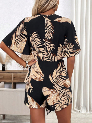 Women's Botanical Print Short Sleeve Jumpsuit With Shorts