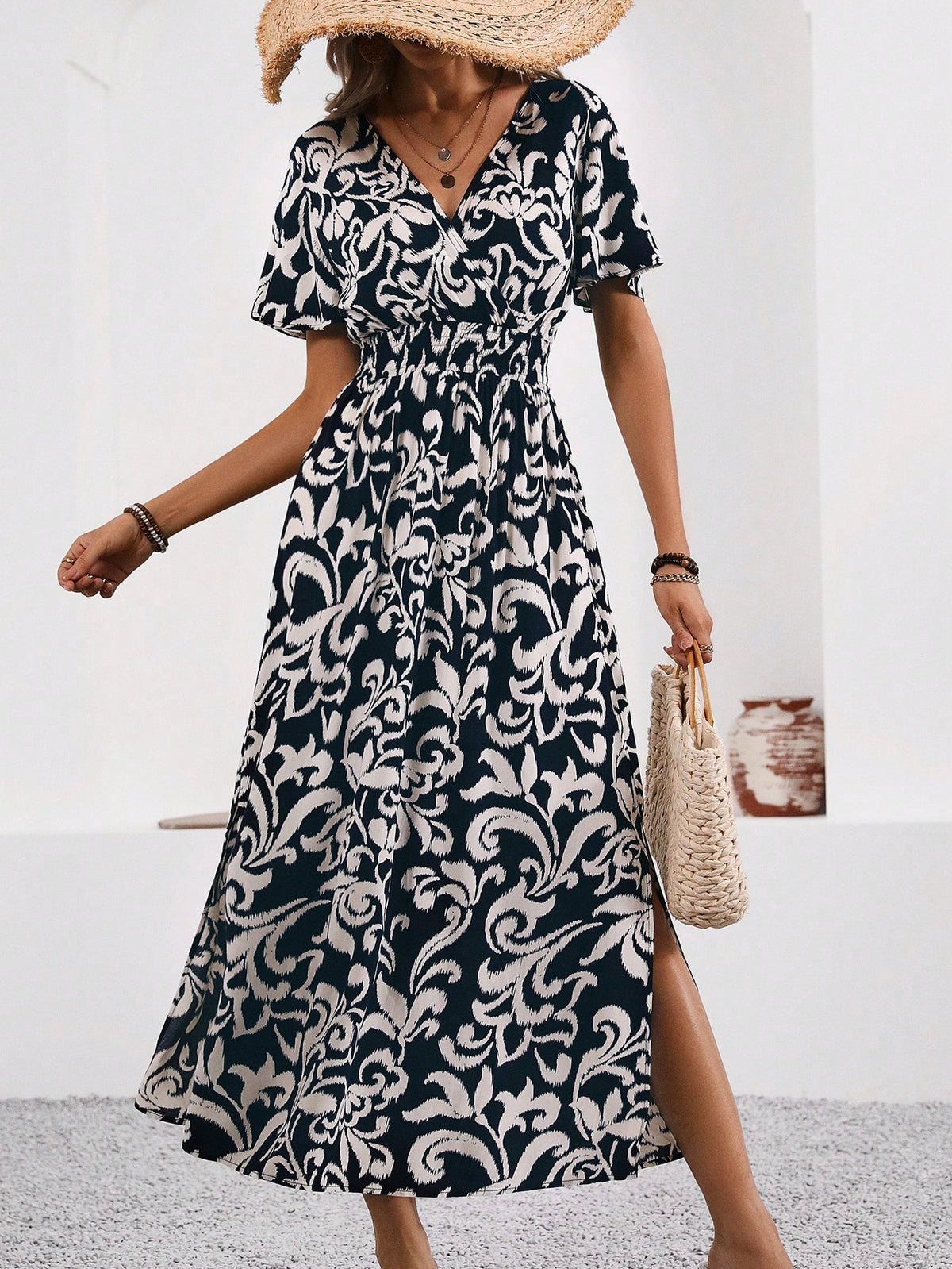 Women's Botanical Printed Frilled Short Sleeve Dress