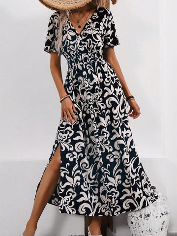 Women's Botanical Printed Frilled Short Sleeve Dress