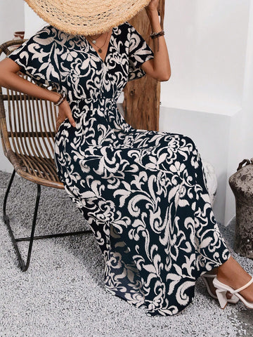 Women's Botanical Printed Frilled Short Sleeve Dress