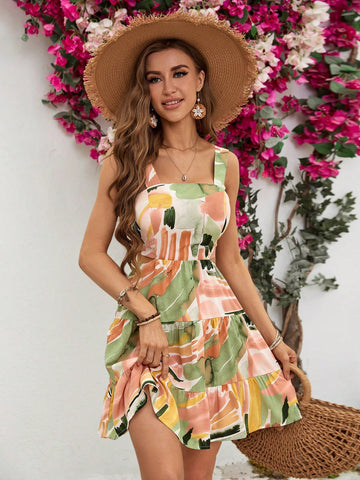 Women's Brush Print Ruffle Hem Cami Dress