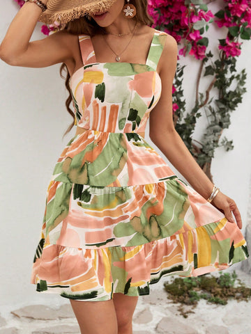 Women's Brush Print Ruffle Hem Cami Dress