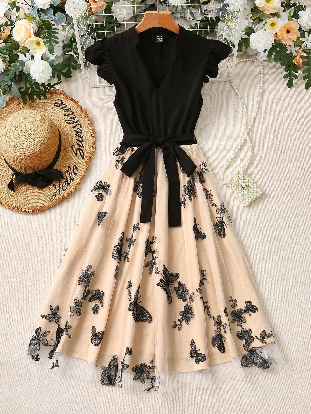 Women's Butterfly Patchwork Mesh Cap Sleeve Mini Dress SKU: sz24050609093
