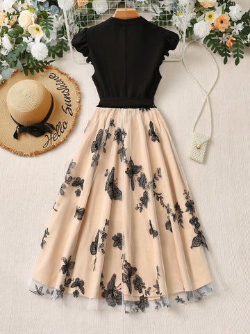 Women's Butterfly Patchwork Mesh Cap Sleeve Mini Dress SKU: sz24050609093