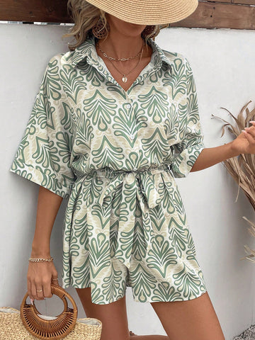 Women's Casual Collared Short Sleeve Printed Loose Jumpsuit